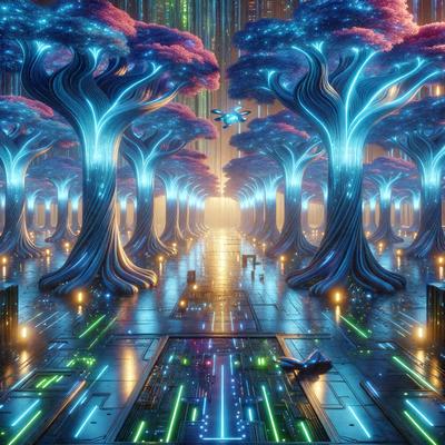 The primary subject of the image is a futuristic cityscape with a blue and purple color scheme. The setting is a city street surrounded by trees, which are illuminated with blue and purple lights. The visual style is digital art, creating a surreal and fantastical atmosphere. The colors and mood of the image are vibrant and imaginative, evoking a sense of wonder and creativity.